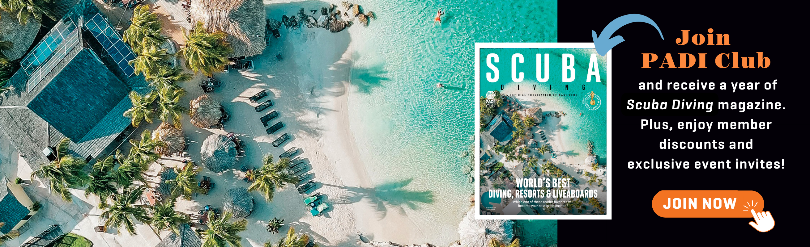 join padi club, image of crystal clear water on scuba diving magazine cover